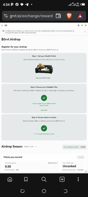 A mobile screenshot of the GRVT airdrop page (grvt.io/exchange/reward) showing three steps: 'Get your Wealth Profile', 'Choose a Multiplier Plan' (completed), and 'Choose where to receive' (completed), with 0.00 points earned and an Unranked status.