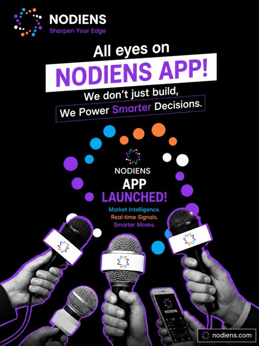 A promotional graphic for NODIENS announcing their APP launch with the tagline 'We Power Smarter Decisions' and imagery of microphones surrounding a smartphone.