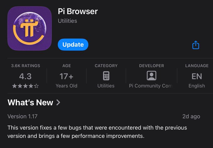 The image shows the App Store update page for "Pi Browser" (Pi Community Com), a Utilities app with a 4.3-star rating from 3.6K reviews. Version 1.17, released 2 days ago, includes bug fixes and performance improvements, with a blue "Update" button prominently displayed—aligning with the post's "Update now #pinetwork" call to action.