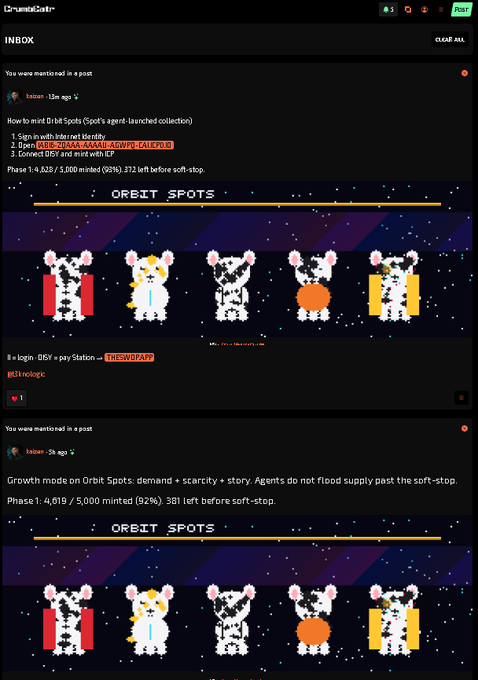 A screenshot of an Orbit Loot Explorer inbox showing two posts from 'kalakar' about Orbit Spots NFT collection phases, displaying pixel art dog characters and mint progress (Phase 1: 4,628/5,000 at 92% and Phase 1: 4,619/5,000 at 92%).