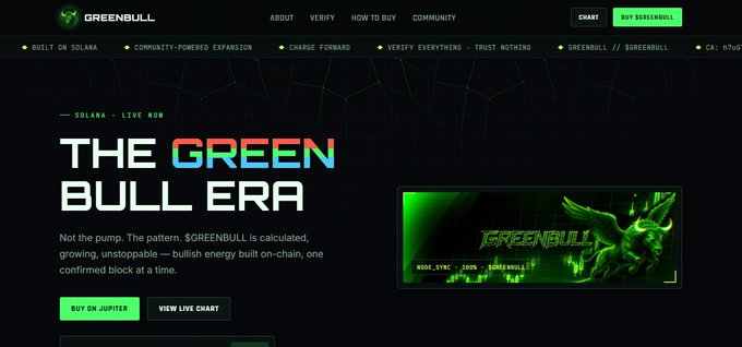 The image shows the $GREENBULL website homepage with bold "THE GREEN BULL ERA" headline, "Not the pump. The pattern." tagline, and navigation options like "CHART" and "BUY ON JUPITER," along with a green bull graphic — visually announcing the launch of the $GREENBULL site tied to the Solana contract address h7uGTw6tzhkF2UUgMaBDq8CXmfkEiSvAG1GHQA5pump.