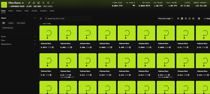 A screenshot of a digital marketplace called 'Ultra Rare' showing a grid of NFT listings. All listings are titled 'Unknown Rare' with a floor price of '0.0074 ETH', and the images are bright green placeholder squares with a question mark.