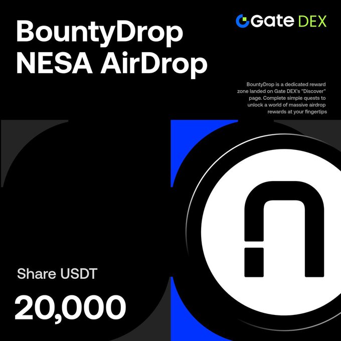 The image is a promotional graphic for the "BountyDrop NESA AirDrop" by Gate DEX, featuring prominent text announcing a 20,000 USDT reward pool and describing BountyDrop as a dedicated rewards zone on Gate DEX's Discover page. The design includes the Gate DEX logo, large circular graphics in black and blue with a stylized "A" emblem, and references the NESA airdrop campaign mentioned in the accompanying post.