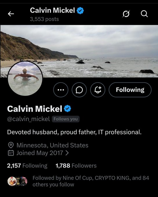 Screenshot of a verified Twitter/X profile for "Calvin Mickel" (@calvin_mickel) showing a beach scene as the banner with his profile photo of a person wading in ocean water, describing himself as a "Devoted husband, proud father, IT professional" from Minnesota with 3,553 posts and 1,788 followers, being highlighted in a post calling him a "true XRP HODL."