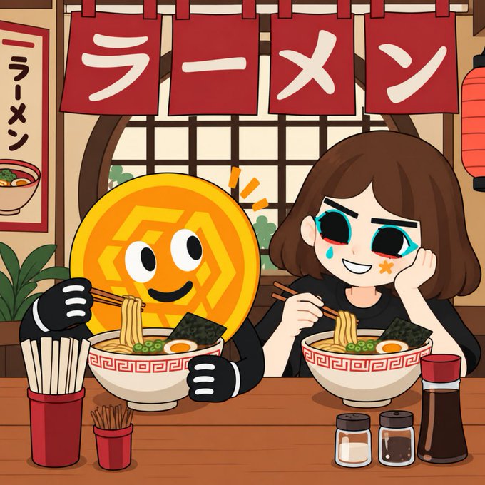 An anime-style illustration of a girl and an anthropomorphic cryptocurrency coin character joyfully eating ramen noodles at a Japanese ramen shop, with red banners displaying "ラーメン" (ramen) above them.