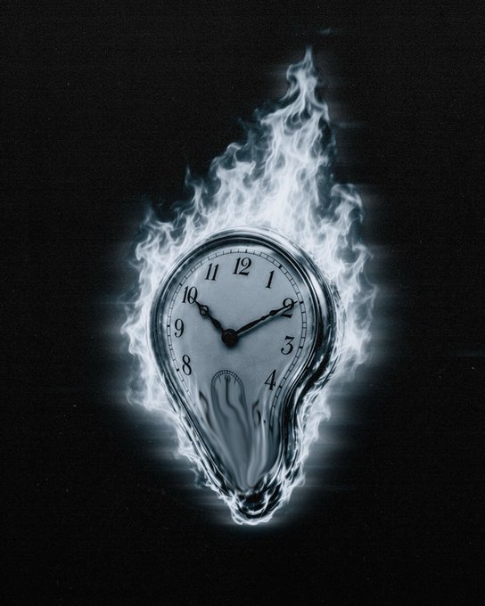 A surreal image shows a melting clock face surrounded by swirling flames or smoke against a black background, resembling Salvador Dali's iconic melting clocks.