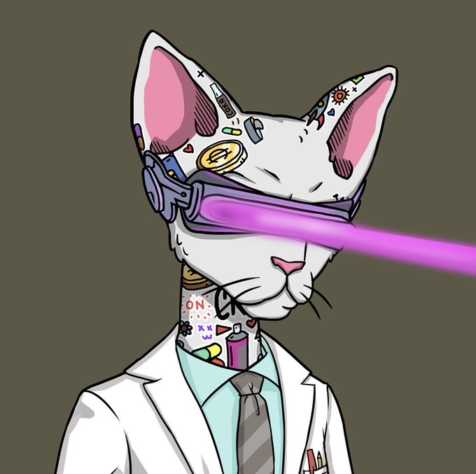 An anthropomorphic white cat NFT wearing a lab coat and tie, with cybernetic enhancements and colorful tattoos, fires a bright purple laser beam from a visor across its eyes. The image's "science cat" aesthetic fits the post's tone of accepting a financial loss (40 to 0.3 $SOL) with a wry, experimental spirit—still finding value in the purchase despite the devaluation.