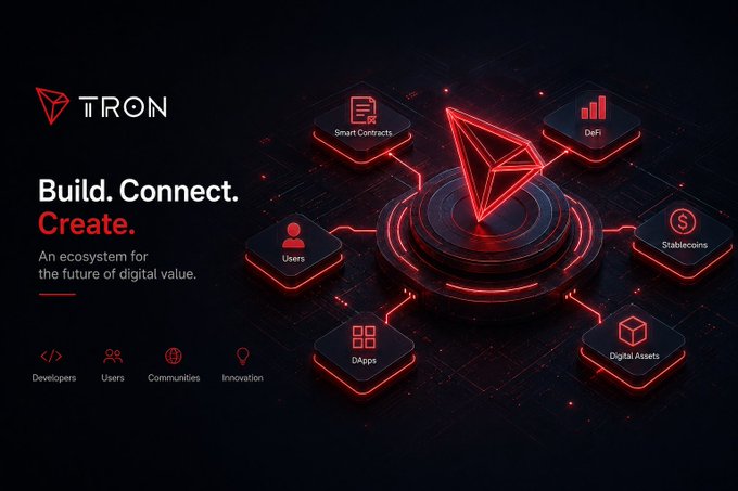 A promotional graphic for the TRON blockchain ecosystem featuring the tagline 'Build. Connect. Create.' and 'An ecosystem for the future of digital value,' with surrounding icons representing Smart Contracts, DeFi, Users, Stablecoins, DApps, Digital Assets, Developers, Communities, and Innovation.