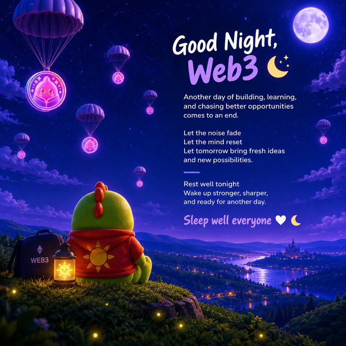 A digital illustration of a character sitting on a hill under a moonlit sky with floating lanterns, displaying a 'Good Night, Web3' message wishing followers rest and success.