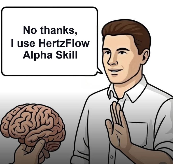 A cartoon-style image of a man raising his hand to decline, with a speech bubble saying 'No thanks, I use HertzFlow Alpha Skill', while another hand holds up a brain in the foreground.