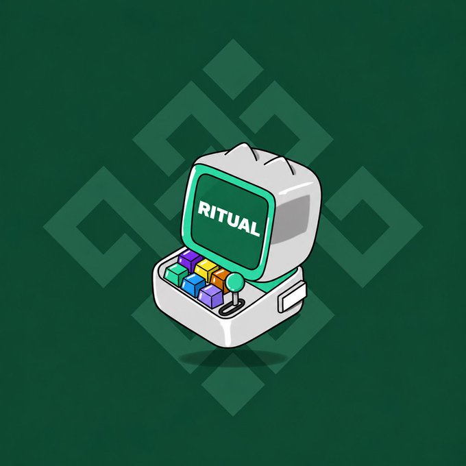 A stylized cartoon illustration of a small, retro-style arcade machine or device with a green screen displaying the word "RITUAL" and colorful pixel blocks in front.