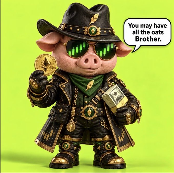 A cartoon pig character dressed in a black and gold steampunk cowboy outfit with a cowboy hat and green binary-code sunglasses holds an Ethereum coin and a stack of cash, with a speech bubble saying 'You may have all the oats Brother.'