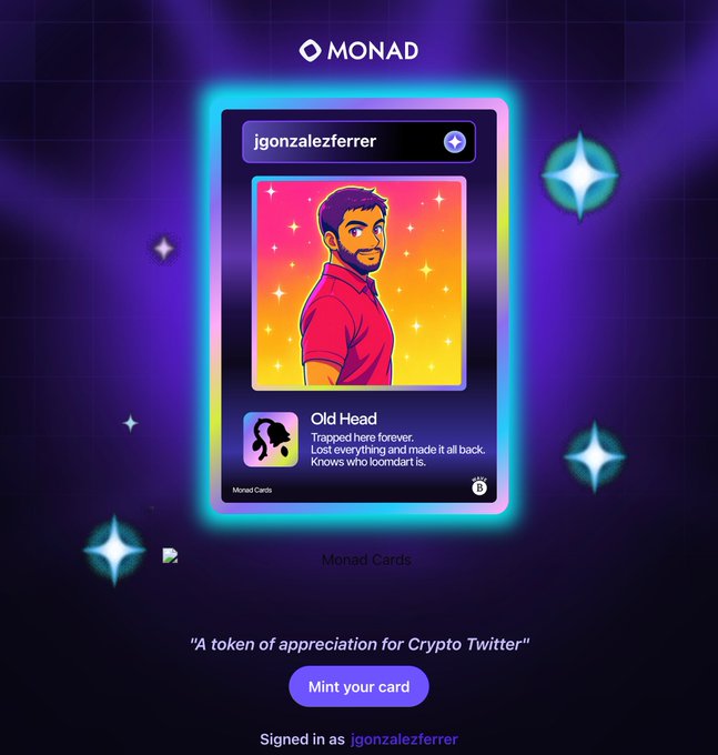 The image shows a user "jgonzalezferrer" minting their "Old Head" Monad Card, described as "A token of appreciation for Crypto Twitter." The card features a cartoon illustration of a bearded man in a red shirt on a vibrant pink-to-yellow gradient background, framed by a glowing neon border against a dark purple backdrop. This relates to the post celebrating the user successfully minting their Monad Cards Day 1 and expressing excitement for more to come.