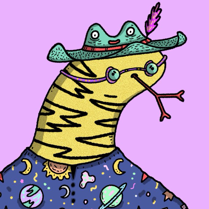 A whimsical cartoon illustration depicts a smiling green frog wearing a patterned hat with a feather, perched atop a striped creature emerging from a purple, space-patterned surface.