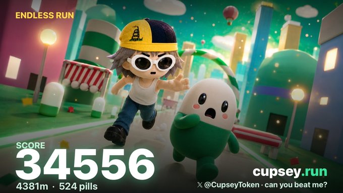 A 3D cartoon-style image showing a character in a yellow cap and sunglasses running from a small green creature on a candy-themed city street, displaying "ENDLESS RUN," a score of "34556," "4381m · 524 pills," and promoting "cupsey.run / @CupseyToken · can you beat me?" — visually showcasing the gameplay result shared in the post.