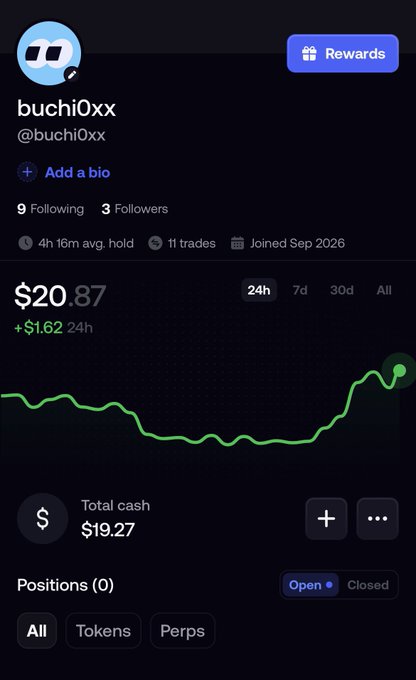 A mobile app dashboard for user 'buchi0xx' (@buchi0xx) showing a portfolio value of $20.87, a $1.62 gain over 24 hours, and a green performance chart.