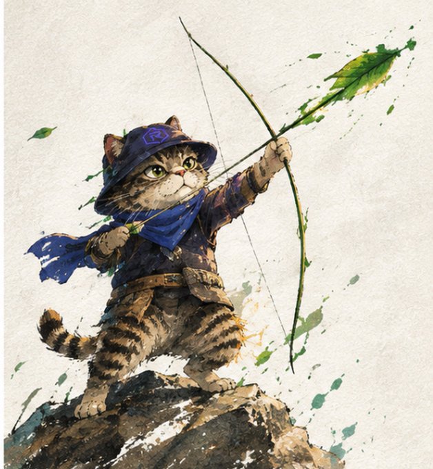 A watercolor-style illustration depicts a tabby cat dressed as an archer, wearing a blue cap and bandana, drawing back a bow with green leaf accents on a white background.