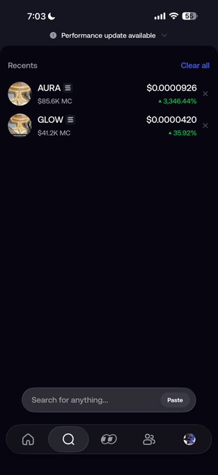 A mobile app screen showing recent cryptocurrency gains, including AURA at $0.0000926 (+3,346.44%) and GLOW at $0.0000420 (+35.92%).