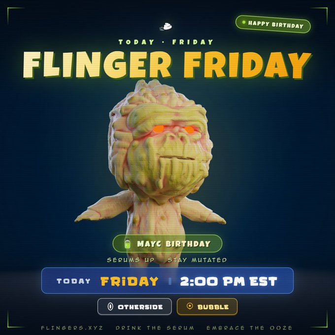 A promotional graphic for 'FLINGER FRIDAY' celebrating a MAYC (Mutant Ape Yacht Club) birthday, featuring a 3D-rendered zombie mutant ape character with the event scheduled for Friday at 2:00 PM EST on Otherside/Bubble.