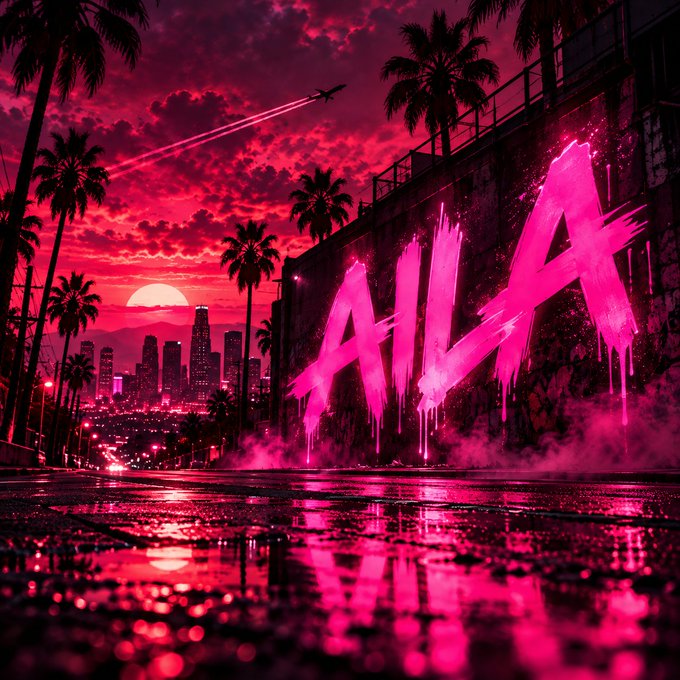 A vibrant pink and magenta cityscape at sunset features neon graffiti spelling 'AHA' on a wall, with palm trees silhouetted against a dramatic crimson sky and a distant skyline.