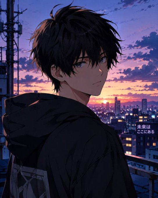 An anime-style illustration of a young man with messy black hair and blue eyes wearing a dark hooded jacket, looking over his shoulder at a city skyline at sunset, with Japanese text reading '未来はここにある' (The future is here).