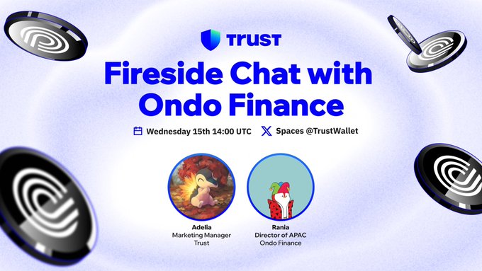 The image is a promotional graphic for a "Fireside Chat with Ondo Finance," hosted by Trust on Wednesday the 15th at 14:00 UTC via Spaces@TrustWallet. It features Adelia, Marketing Manager at Trust, and Rania, Director of APAC at Ondo Finance, alongside the Trust shield logo, visually reinforcing the upcoming Twitter Space event discussed in the post about tokenized stocks and real-world assets.