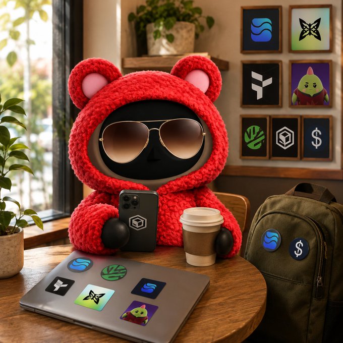 A plush red bear figure wearing sunglasses sits at a table with a coffee cup and smartphone, surrounded by framed crypto and nature-themed icons including XRP and a butterfly.