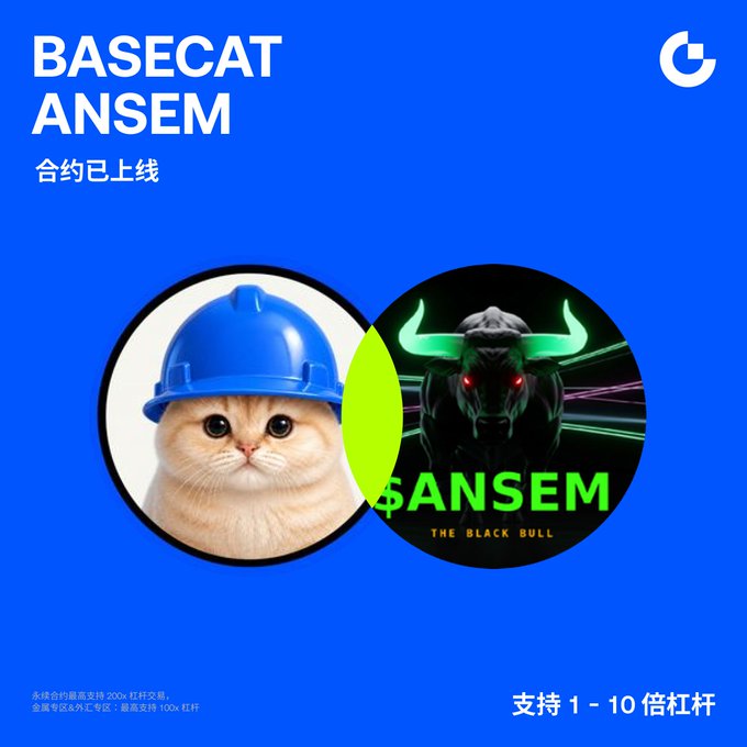 A blue promotional graphic for 'BASECAT ANSEM' featuring a cat wearing a blue hard hat and a black bull logo with green horns, with Chinese text indicating support for 1-10x leverage.