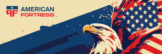 The image features the "American Fortress" logo alongside a bald eagle and an American flag, with patriotic red, white, and blue tones. The accompanying post discusses the risks of sharing crypto addresses as they expose your identity and transaction history, while the American Fortress branding suggests this message is tied to promoting secure, sovereign financial privacy.