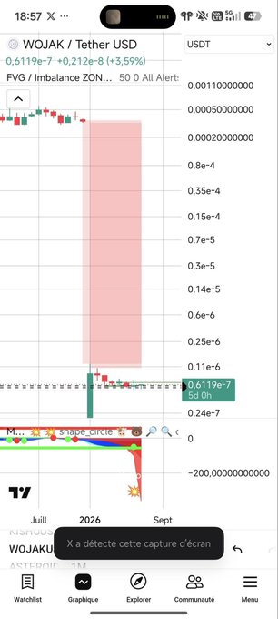 A mobile trading chart showing the WOJAK / Tether USD trading pair, displaying candlestick data and indicators with a 'X a détecté cette capture d'écran' popup.