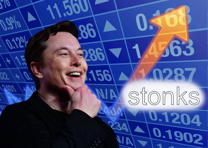 Elon Musk smiling with his hand on his chin against a blue stock market background with rising numbers and a large orange upward arrow, featuring the 'stonks' meme text.