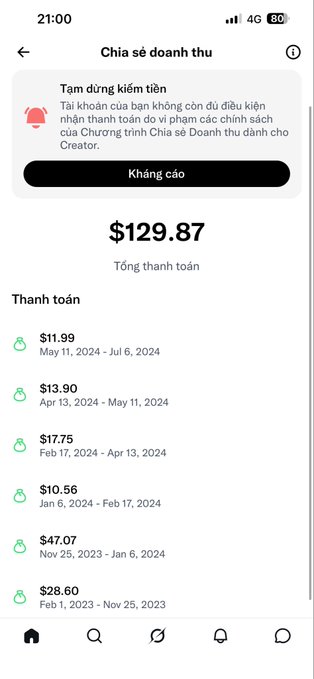 A mobile app screenshot in Vietnamese showing 'Chia sẻ doanh thu' (Revenue Sharing) with a total payment of $129.87, listing payment transactions from $11.99 down to $28.60 with dates ranging from 2023 to 2024.