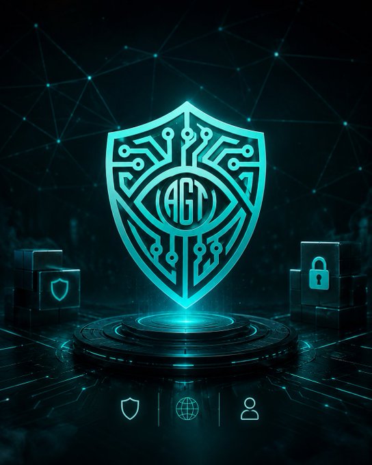 A glowing teal shield emblazoned with the "AGT" logo and an all-seeing eye hovers above a futuristic platform, flanked by a smaller shield icon on the left and a padlock block on the right, visually reinforcing the post's message about trust, security, and transparency as the foundation of the next generation of Web3.