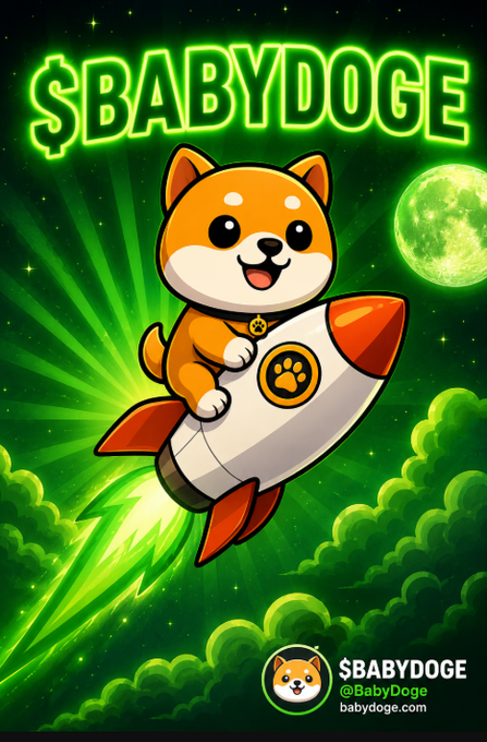 A cartoon Shiba Inu pup in an orange spacesuit rides a rocket through a green starry sky with a glowing moon, promoting "$BABYDOGE" with the tagline "@BabyDoge" and "babydoge.com." The poster visually represents the post's point about $BABYDOGE's "to the moon" potential, contrasting its fixed, deflationary supply against Dogecoin's unlimited issuance.