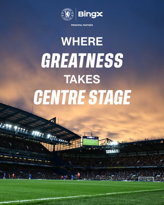 The image is a promotional graphic for Chelsea FC featuring the club crest and Bingx logo labeled "Principal Partner," with the bold tagline "WHERE GREATNESS TAKES CENTRE STAGE" overlaid on a sunset-lit view of Stamford Bridge stadium. The post's hashtags #TrainedOnGreatness and #BingXCFC reinforce the partnership branding, tying the "greatness" theme to the iconic football venue shown.