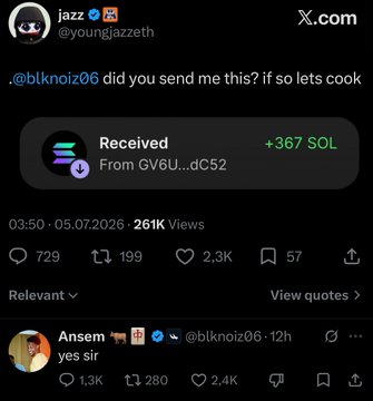 A screenshot of an X (Twitter) post by @youngjazzeth thanking @blknoiz06 for sending +367 SOL tokens, with a reply 'yes sir' gaining significant engagement.