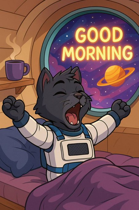 A cartoon black cat in an astronaut suit yawns and stretches in bed inside a spaceship, with a "GOOD MORNING" neon sign visible through the window showing space and Saturn, perfectly matching the cheerful "ready to print this week" energy of waking up prepared for the day ahead.