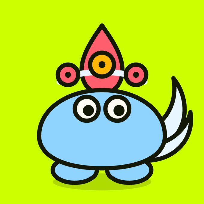 A cartoon character with a blue round body, wide eyes, small wings, and a red flame-like headpiece with a yellow eye symbol, set against a bright green background.