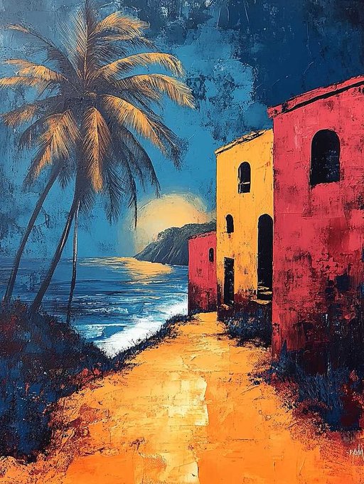 A colorful textured painting depicting a tropical coastal scene with palm trees, a sandy path, red and yellow buildings, and a blue ocean under a night sky.