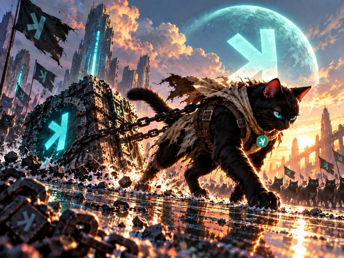 A digital artwork featuring a black cat with glowing blue eyes pulling a chained cart through a fantasy landscape with towers, banners displaying a sword-like symbol, and a large moon.
