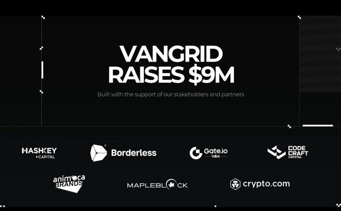 Announcement graphic stating 'VANGRID RAISES $9M' built with the support of stakeholders and partners, displaying logos of investors including HashKey Capital, Borderless, Gate.io Labs, Code Craft Capital, Animoca Brands, Mapleblock, and Crypto.com.