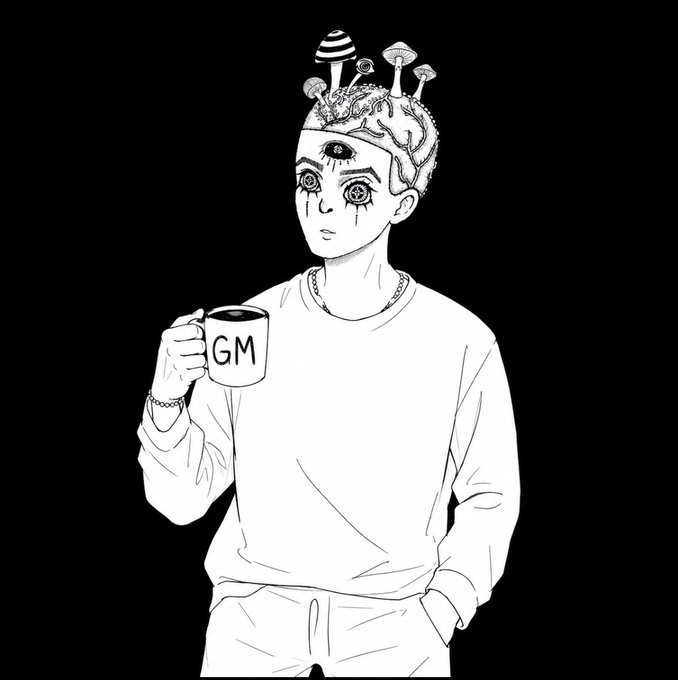 Black and white illustration of a person with three eyes and mushrooms growing from their head, holding a mug labeled 'GM' while wearing a sweatshirt.