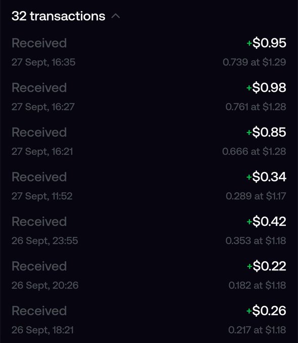 A screenshot of 32 cryptocurrency transactions received in late September, showing small ETH amounts and US dollar values.