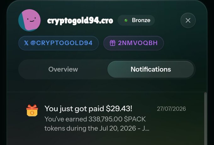 A profile page for user cryptogold94.cro (Bronze tier) with handle @CRYPTOGOLD94 and code 2NMVOQBH, showing a notification 'You just got paid $29.43! You've earned 338,795.00 $PACK tokens during the Jul 20, 2026 – J...'.