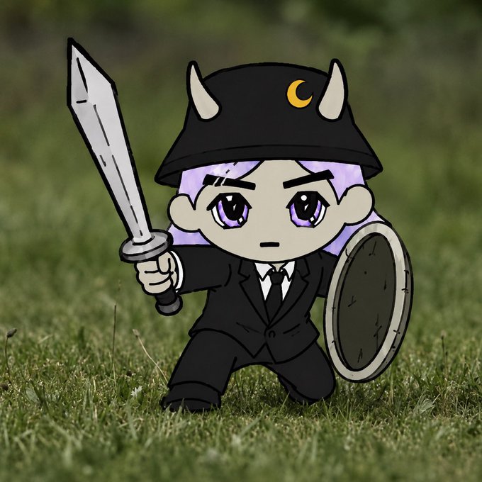 A chibi-style cartoon character with light purple hair wears a horned black helmet adorned with a golden crescent moon, a black suit, and wields a sword and shield while standing on a grassy field, embodying the "attack the week" sentiment of facing Monday with warrior-like readiness.