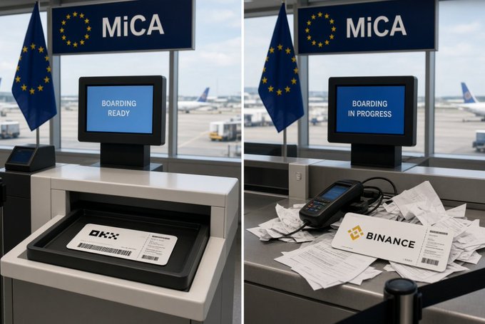 A side-by-side image at an airport MiCA check-in counter: the left shows a clean boarding setup for OKX labeled 'BOARDING READY,' while the right shows a messy counter with a Binance document and card reader, labeled 'BOARDING IN PROGRESS.'