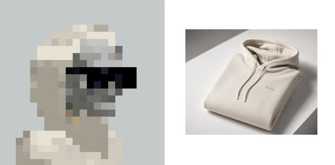 A pixelated figure wearing sunglasses appears next to a product photo of a folded cream-colored hoodie.