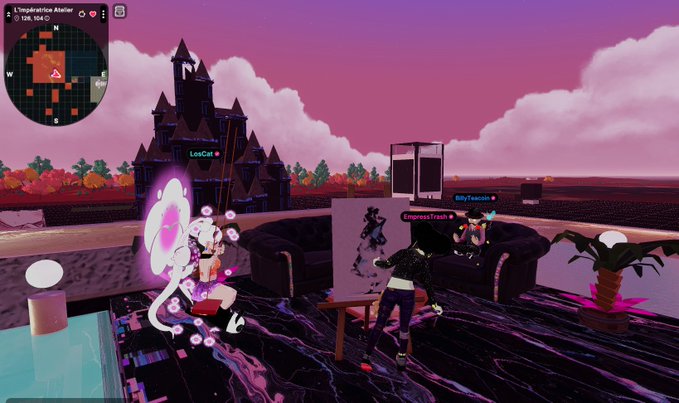 A group of avatars gathers in a virtual lobby with usernames like "LocoCat," "EllyTanakin," and "EmpressTiaah" displayed above them, enjoying a virtual sunset with a gothic castle backdrop. The shared digital space reflects how the internet bridges geographic gaps, allowing people to connect and spend time together regardless of physical distance.