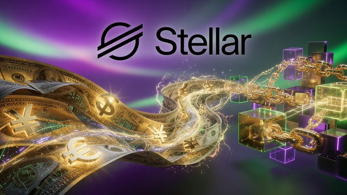 The image features the Stellar logo prominently displayed above flowing golden currency notes adorned with global symbols (dollar, yen, euro), alongside glowing blockchain cubes linked by golden chains, visually representing Stellar's (XLM) growing tokenized assets and stablecoin ecosystem.