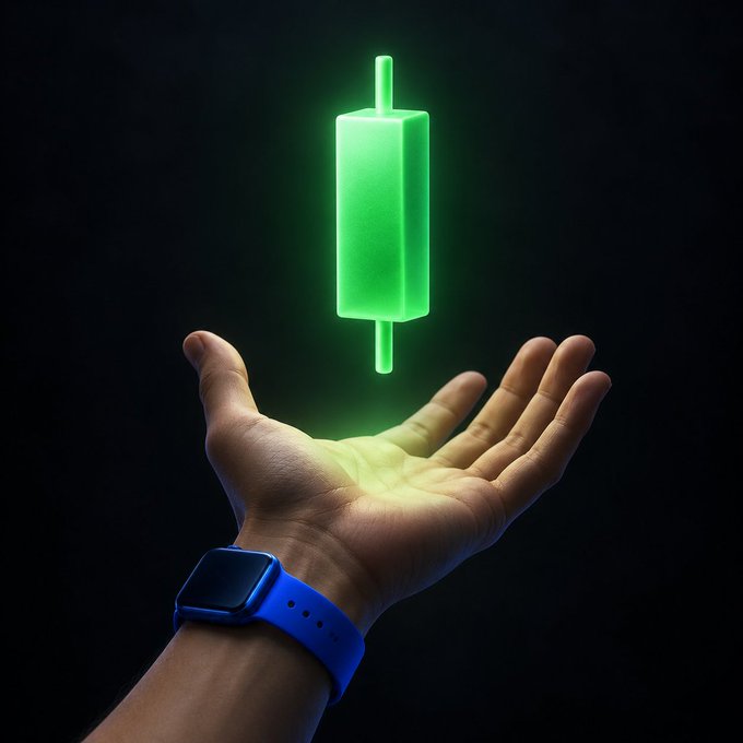 A hand wearing a blue smartwatch holds a glowing green candlestick chart icon, symbolizing active monitoring of price movements and inviting viewers to share which chart they're watching today.
